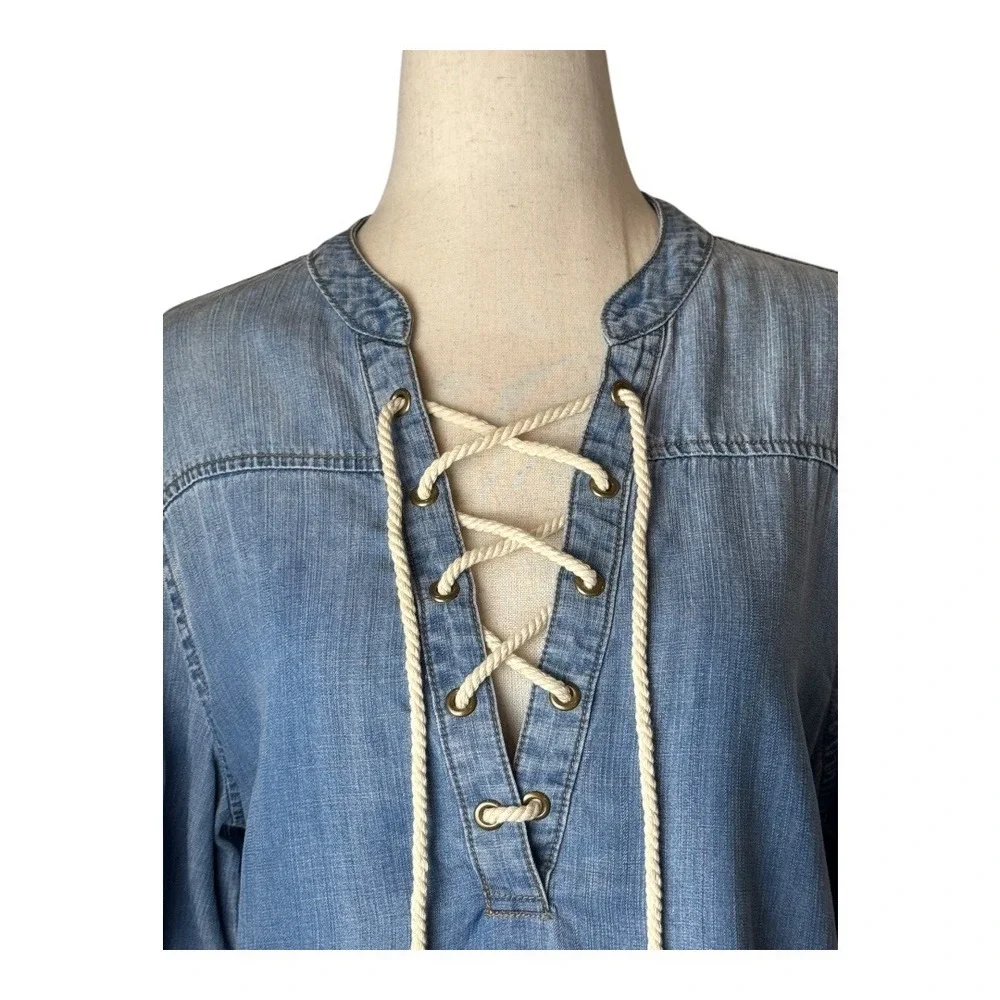 Karlie‎ Shirt Women Large Blue Chambray Tencel Lace Up Roll Tab Sleeve Tunic Top